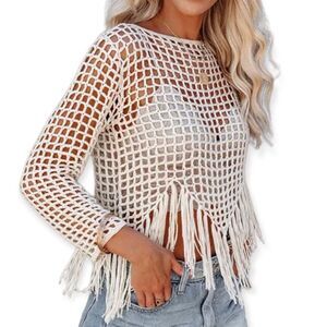 Ivory Long Sleeve Open Stitch Crochet Knit Tassel Fringe Trim Crop Top NEW